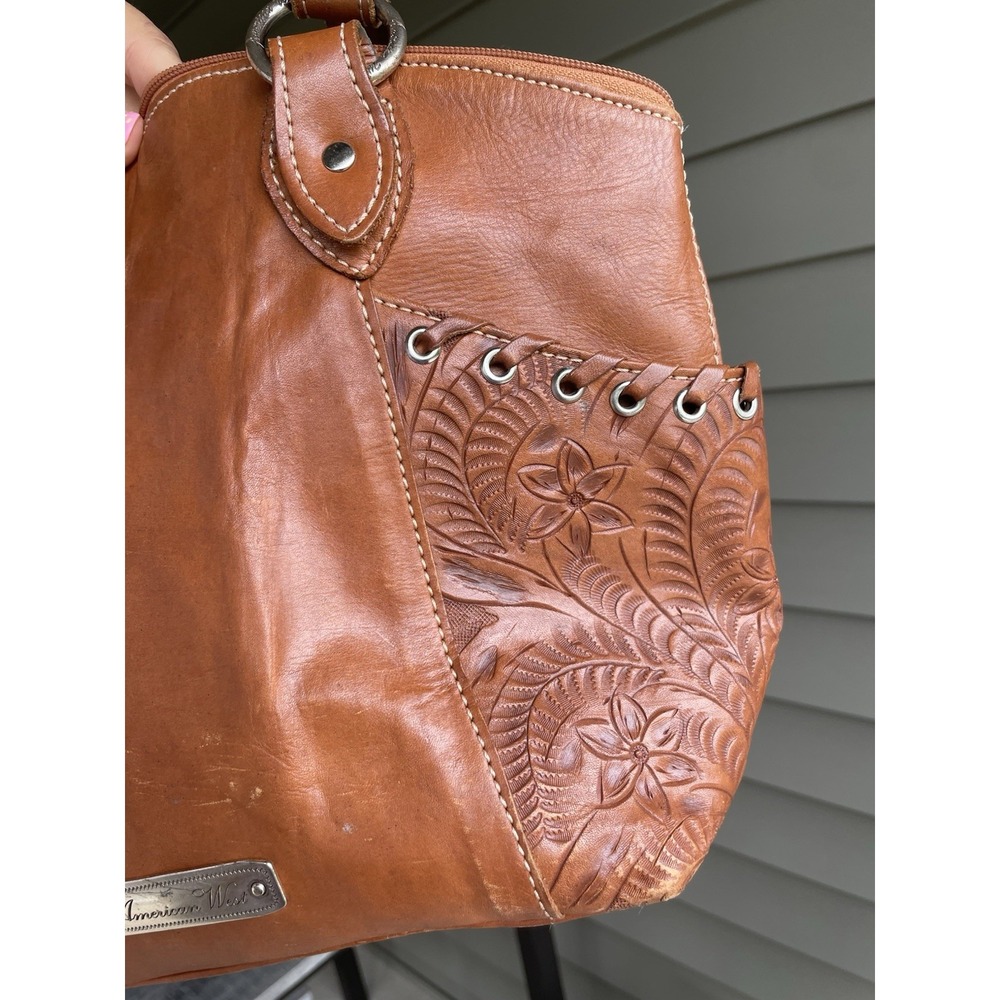 American West Embossed Tooled Leather Western Style Brown Tan Handbag Purse Bag - Picture 8 of 16